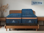 Two blue mattresses on split Ascension® Ultra Adjustable Power Bases in a wood bed frame, with one side raised and a “Split King” label in the corner.